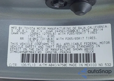 2015 Toyota Tacoma Prerunner V6 z USA, uszkodzony, nr VIN 3TMKU4HN0FM043103